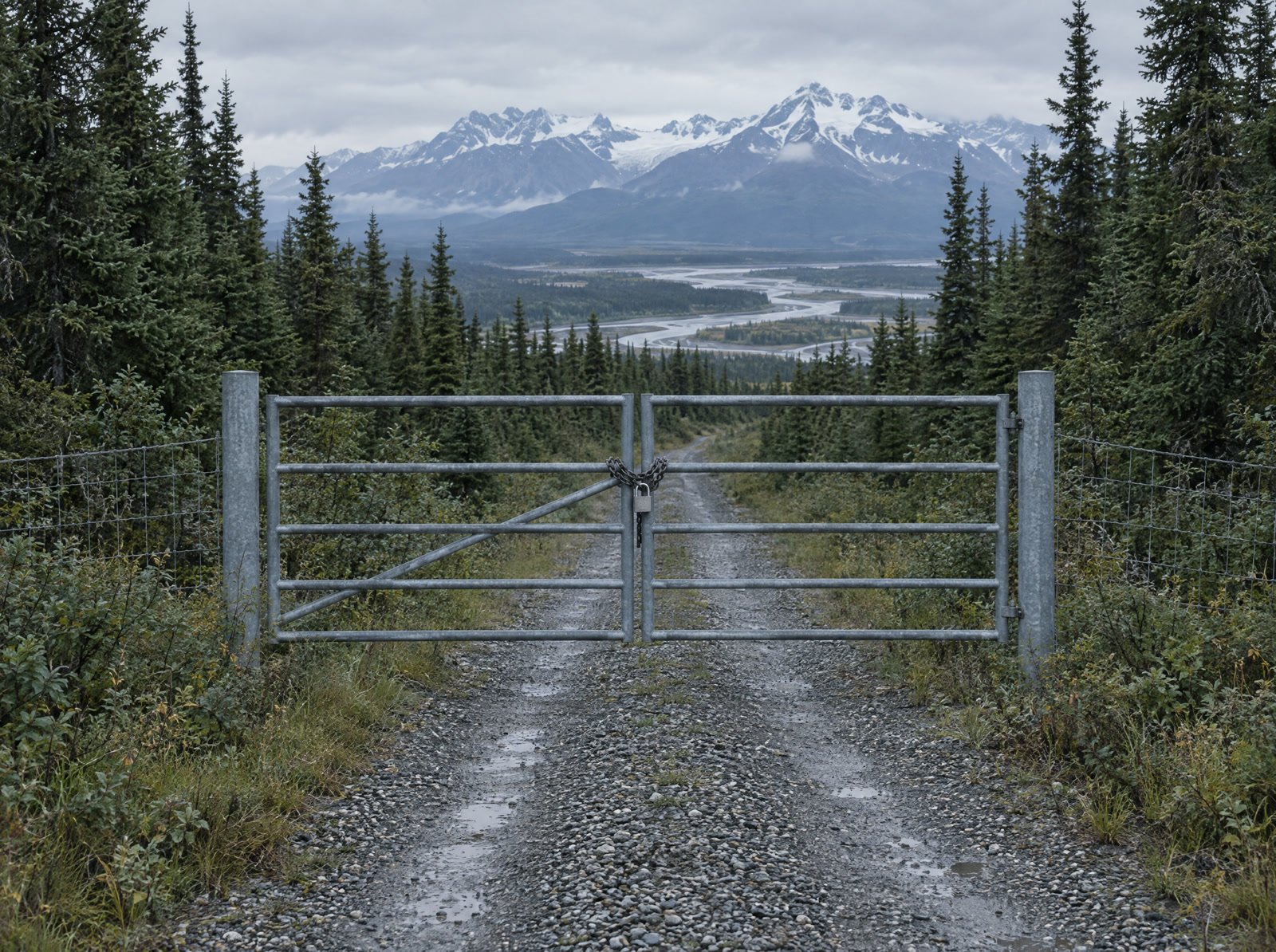 A closed gate across a snow covered trail